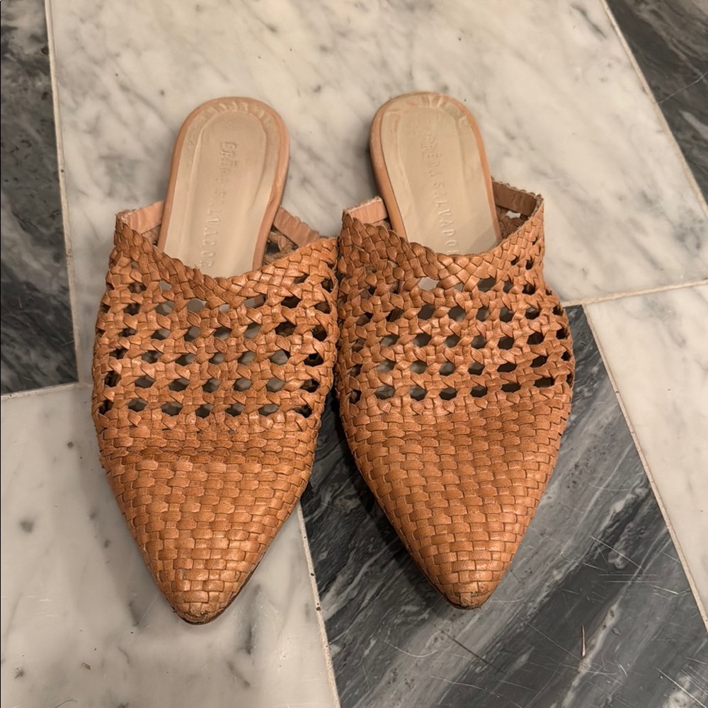 Freda Salvador Tan Woven Leather Mules